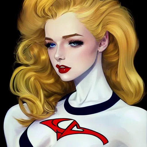 Image similar to a beautiful pin - up portrait of a beautiful cute superhero woman, blonde hair, matte navy - blue bodysuit, white cape, intricate, elegant, 8 k, highly detailed, digital painting, concept art, smooth, sharp focus, illustration, anime, artgerm and loish and wlop and alphonse mucha