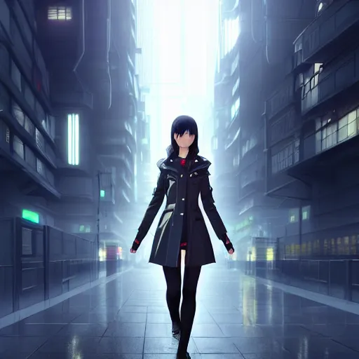 Image similar to realistic render of a cyborg - girl wearing a long trench coat by ross draws, futuristic dystopian city by ilya kuvshinov, digital anime art by ross tran, composition by sana takeda, lighting by greg rutkowski