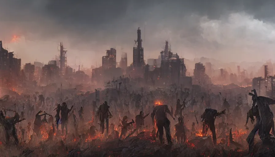 Image similar to people sitting on a hill escaped a burning city invaded by zombies far in the distance, hyperdetailed, artstation, cgsociety, 8 k