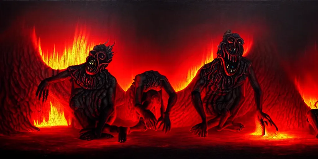 Image similar to repressed emotion creatures and monsters at the mouth of hell, dramatic lighting glow from giant fire, attempting to escape and start a revolution, in a dark surreal painting by ronny khalil