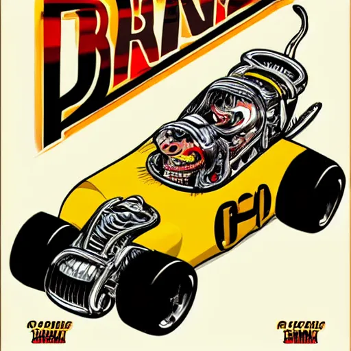 Prompt: Crazy Pop-Wonder NFT Style Racing-Poster Artwork of Jeff DeGrandis Dragfink.com Ed 'BIG DADDY' Roth GIGANTIC-Racing-Redneck, character art, Driving a Hotrod, crazy racer spinning, burnout, smokey tires, classic-cult-comic-style, hand drawn svg, vector artwork