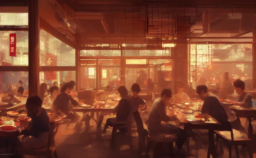 Image similar to a busy Japanese restaurant interior, painting by Craig Mullins, octane rendering, warm moody lighting, wide angle lens, low view, in the style of Pixar animation, trending on artstation,