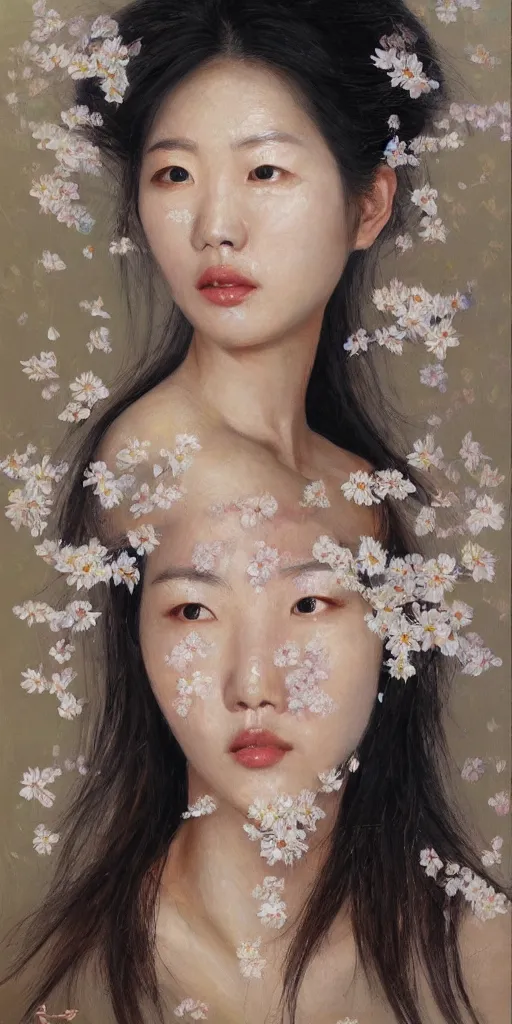 Image similar to beautiful highly detailed and expressive oil painting of a korean woman's face dissolving into petals, masterpiece, dynamic lighting,