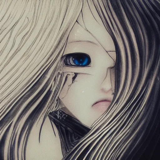 Prompt: Yoshitaka Amano realistic illustration of an anime girl with wavy white hair and cracks on her face wearing white shirt and black tie, abstract black and white patterns on the background, noisy film grain effect, highly detailed, Renaissance oil painting, weird camera angle