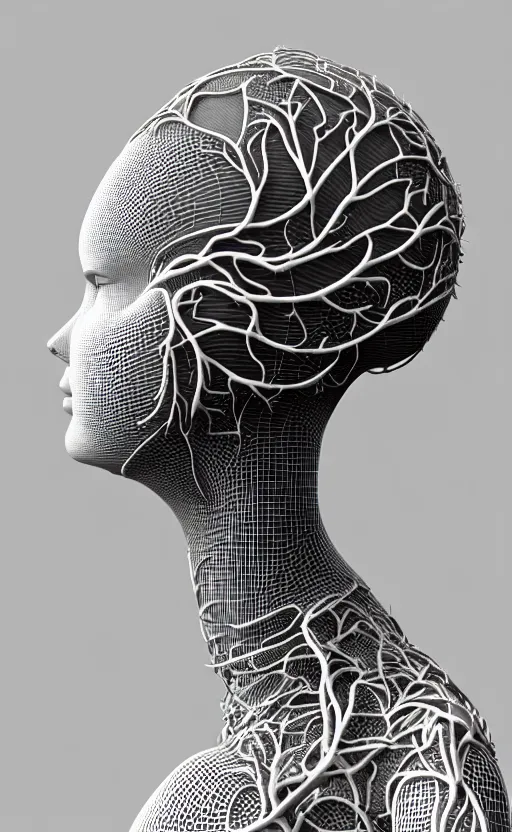 Image similar to black and white complex 3d render of a beautiful profile woman face, vegetal dragon cyborg, 150 mm, beautiful natural soft light, silver details, magnolia stems, roots, fine lace, maze like, mandelbot fractal, anatomical, facial muscles, cable wires, microchip, elegant, highly detailed, silver metalic armour, rim light, octane render, H.R. Giger style