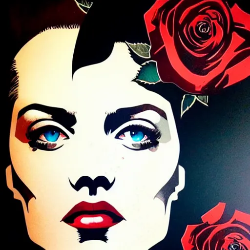 Image similar to portrait of britainwoman :: side profile :: in ocean :: roses and guns metal details :: gold :: blood and horror :: by marvel and Sandra Chevrier