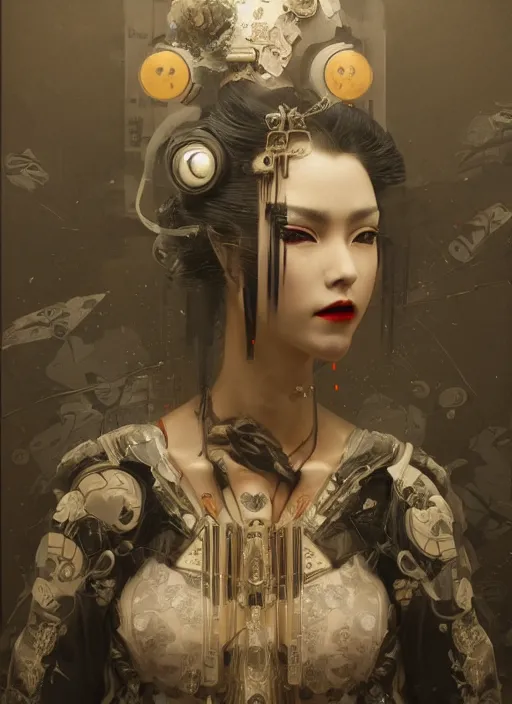 Image similar to portrait of a seductive cyberpunk latex geisha, modern fine art, fractal, in the style of ghosts in the machine, intricate ornaments, elegant, highly detailed, digital photography, subsurface scattering, by greg rutkowski,