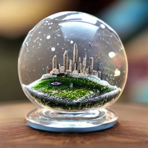 Image similar to a snow globe with an futuristic city of an insect civilization inside, sharp focus, highly detailed, Close-up