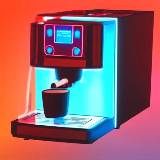 Prompt: a cyberpunk coffee machine, neon lights, vaporware colors.