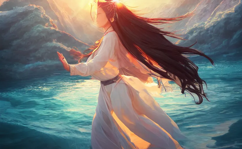 Prompt: Himalayan priestess dancing on water, beautiful flowing fabric, sunset, dramatic angle, realistic and detailed, by studio trigger, pixiv dslr photo by Makoto Shinkai rossdraws and Wojtek Fus