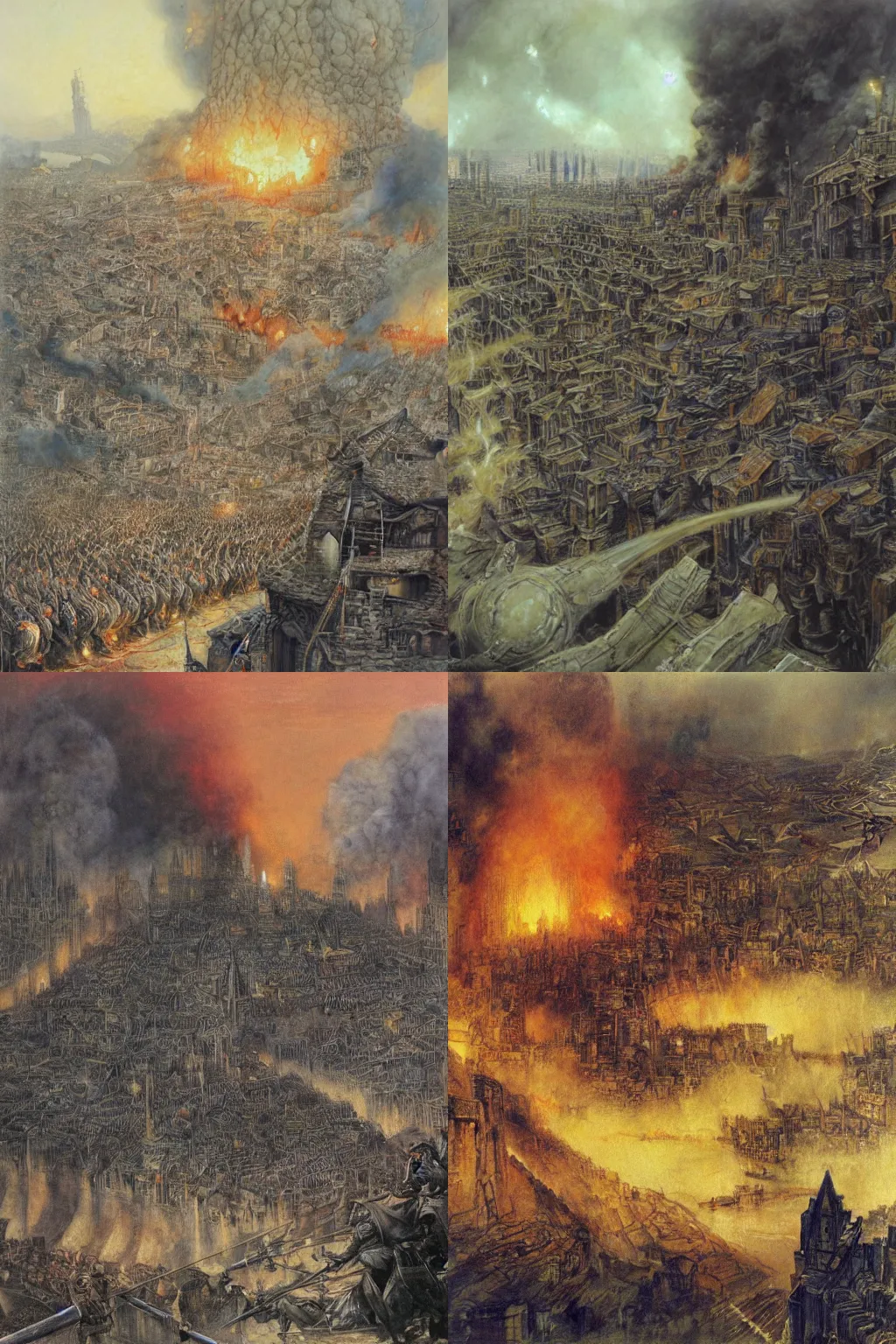 Prompt: An army laying siege to a fantasy city on fire by Alan Lee, brush strokes, oil painting