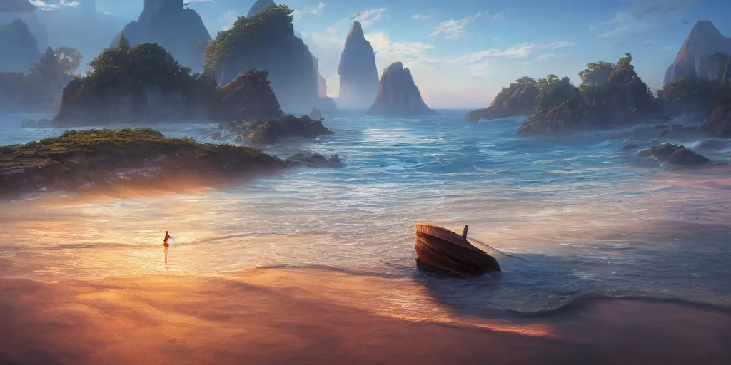 Image similar to illustration of the shore on a beautiful morning, Pixar and Disney animation, sharp, Rendered in Unreal Engine 5, art by Greg Rutkowski, Bloom, dramatic lighting, sunrise