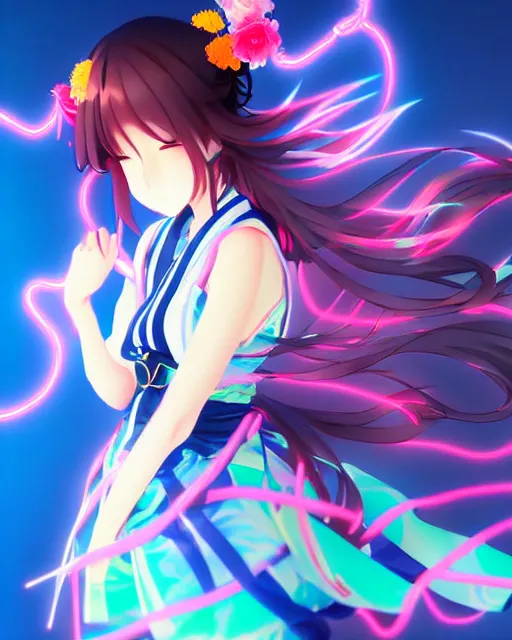 Image similar to anime style, vivid, expressive, full body, 4 k, painting, a cute magical girl idol with a long wavy hair wearing a kimono outfit, correct proportions, stunning, realistic light and shadow effects, neon lights, studio ghibly makoto shinkai yuji yamaguchi