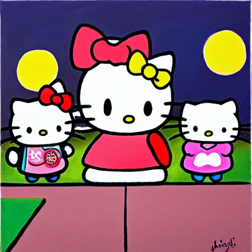 Prompt: painting of hello kitty and her friends playing outside on a sunny day, by yoko shimizu, by sanrio