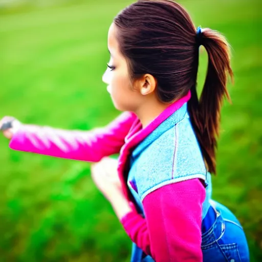 Prompt: a seven years old spanish girl plays on a great green meadow, she wears a jacket, jeans and boots, she has two ponytails, photo taken by a nikon, highly detailed, sharp focus