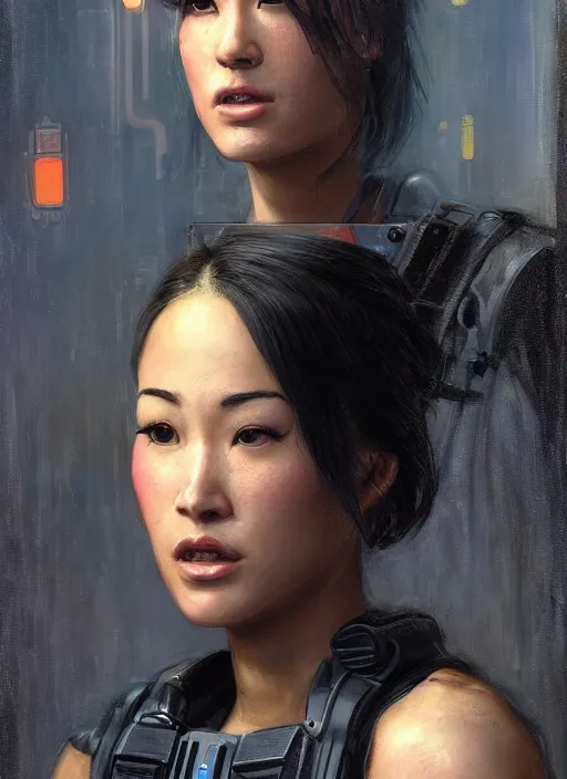 Prompt: Nikki tanaka. beautiful cyberpunk female USN marine wearing a military vest and combat gear. (Cyberpunk 2077, bladerunner 2049, apex legends, hl2). gorgeous face. Iranian orientalist portrait by john william waterhouse and Edwin Longsden Long and Theodore Ralli and Nasreddine Dinet, oil on canvas. Cinematic, hyper realism, realistic proportions, dramatic lighting, high detail 4k