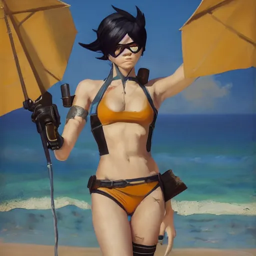 Image similar to greg manchess portrait painting of 2 b nier automata as tracer from overwatch in a bikini on the beach, organic painting, sunny day, matte painting, bold shapes, hard edges, street art, trending on artstation, by huang guangjian and gil elvgren and sachin teng