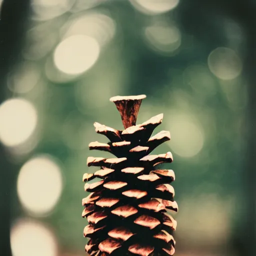 Image similar to polaroid photo of pine cone with human legs, bokeh