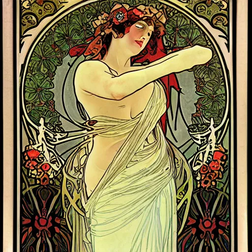 Image similar to persephone as godess of hell, death and flowers, painted by alphonse mucha