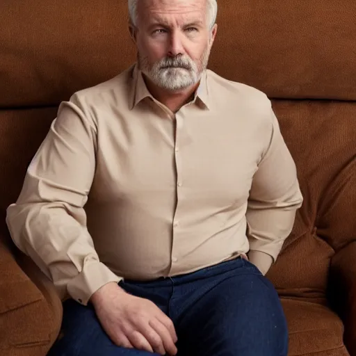 Image similar to full body photo of steve, mature male, mysterious face. he is sitting gracefully on a sofa, elegant slim beige shirt, tight shirt, bear belly