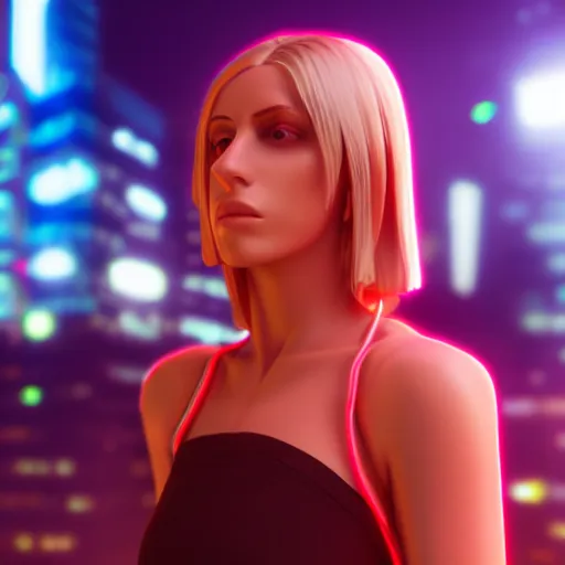 Image similar to Annie Leonhart in a neon city, octane render 8k, atmospheric render