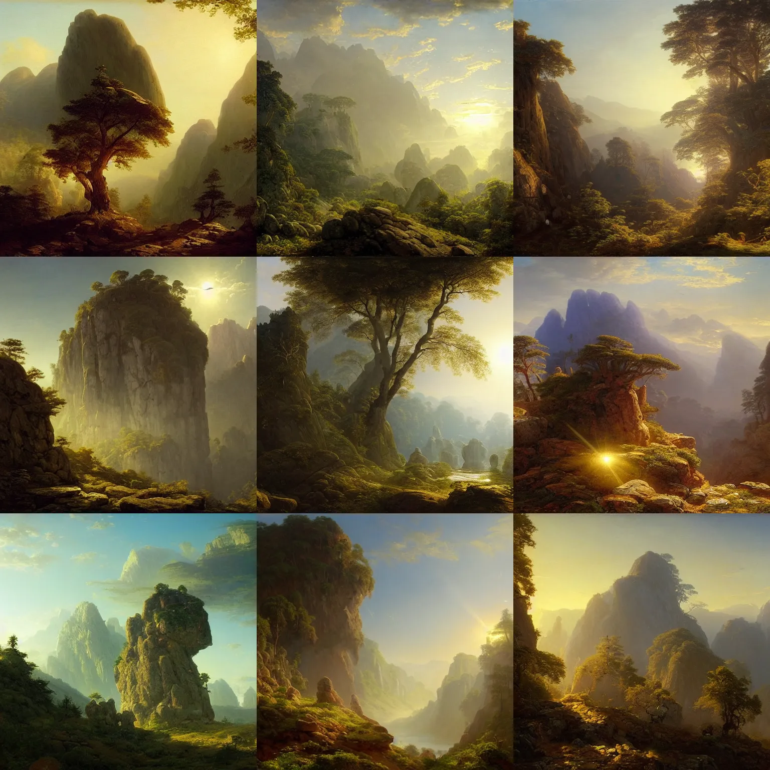 Prompt: a giant rock is levitating over an ancient forest near a high mountain, fantasy, morning sun, wide angle landscape, ivan aivazovski, andreas achenbac