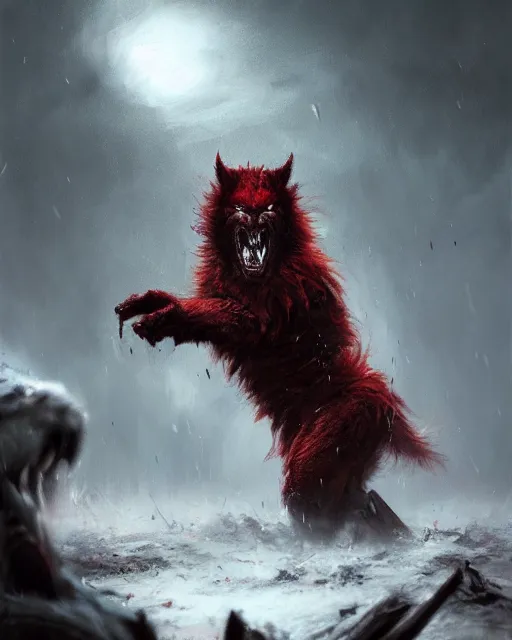 Prompt: oil painting of Angry Werewolf Berserker Beast, wearing red fur, claws, sharp focus, attack pose, fantasy style, octane render, volumetric lighting, 8k high definition, by greg rutkowski, highly detailed, trending on art Station, magic the gathering artwork, burning Battlefield background, centered