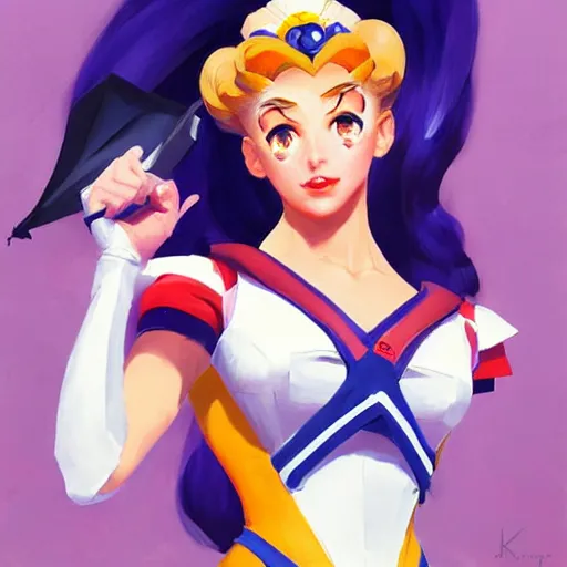 Prompt: greg manchess portrait painting of sailor moon as overwatch character, medium shot, asymmetrical, profile picture, organic painting, sunny day, matte painting, bold shapes, hard edges, street art, trending on artstation, by huang guangjian and gil elvgren and sachin teng