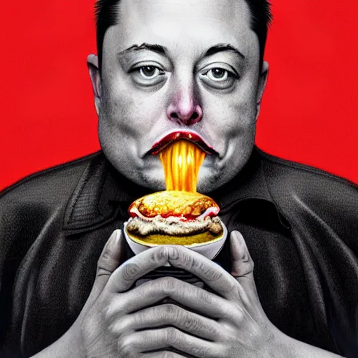 Image similar to stunning award winning hyperrealistic hdr 8 k highly detailed portrait photo of morbidly obese elon musk eating a rocket