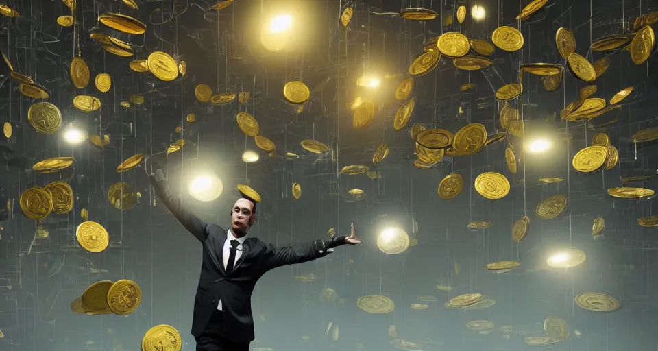 Image similar to Dramatic photo of a man in a suit waving to a large group of people in a futuristic office. Golden coins are levitating all around them. 8k, high detail, trending on Artstation, volumetric lighting, cyberpunk