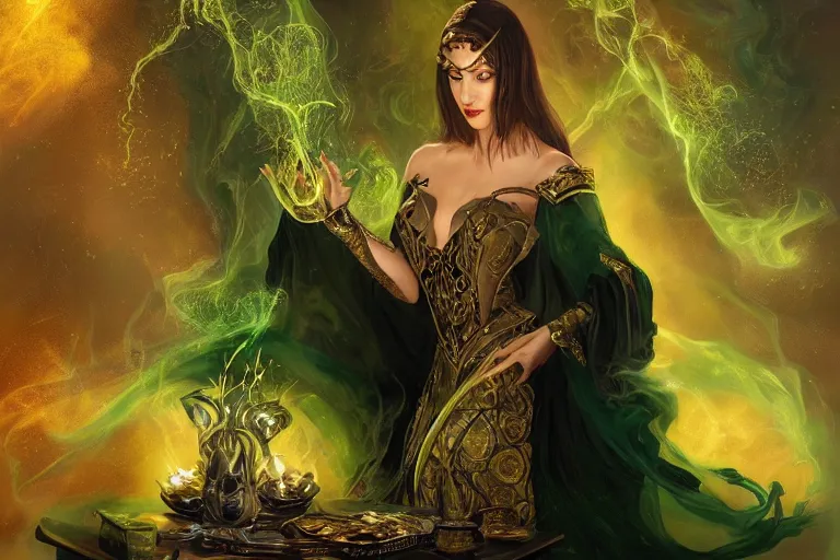 Prompt: a beautiful sorceress wearing a black robe with gold embroidery, sitting at table, casting a spell, green glows, painted by karol bak and artgerm, in the style of magic the gathering, highly detailed digital art