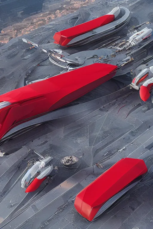 Prompt: professional photograph of a beautiful neo - futuristic simplified symmetrical spacecraft on a desert spaceport by ilm, denis villeneuve, emmanuel shiu, zaha hadid, vapor, cinematic architectural scale, red paint detail, manga, dramatic, volumetric, concept art, hard surface, hyperrealism, high detail, trending on artstation, sharp focus, rendered in octane