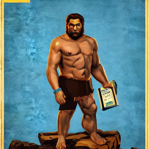 Prompt: saint homo neanderthalis portrait poster with book of science on his right hand, pop art, gta chinatown wars art style, bioshock infinite art style, hyperrealistic, two colors, paper border frame, 4 k, remove duplicate content, justify contents center.