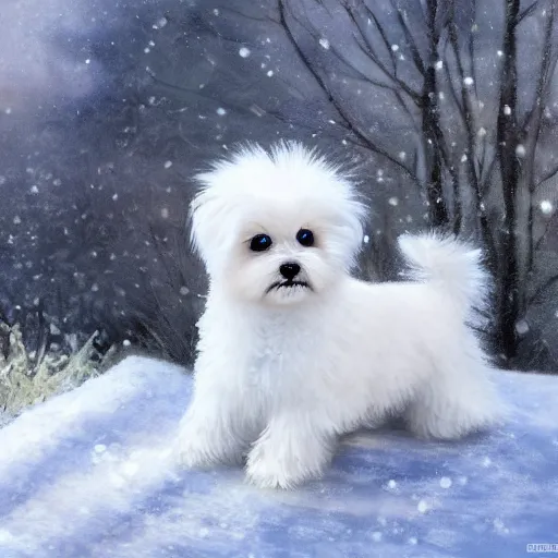 Image similar to cute fluffy maltese puppy sitting in snowy winter landscape detailed painting 4 k