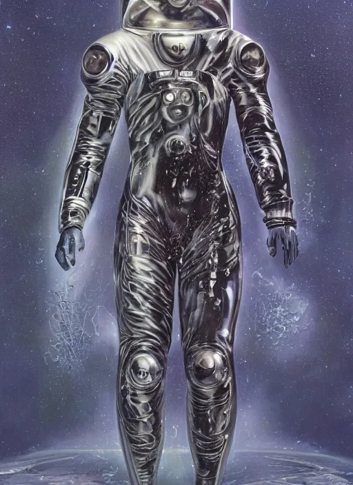 Image similar to hybrid alexander mcqueen astronaut in dark void underwater - complex and fashionable hybrid suit dress design. reflection and dispersion materials. rays and dispersion of light. volumetric light. f / 3 2. flash photography. ultra realistic, 5 0 mm. poster by wayne barlowe, hajime sorayama, aaron horkey, craig mullins