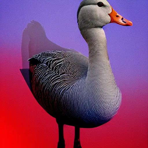 Image similar to portrait of an ethereal greylag goose made of blue and red light, divine, cyberspace, mysterious, dark high-contrast concept art