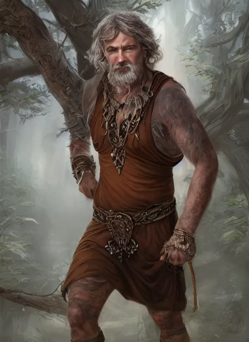 Prompt: a relaxed male middle aged druid in a sleeveless west, brown short hair, strong, full body, 8 k, hyperrealistic, hyperdetailed, fantasy portrait by laura sava