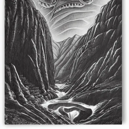 Prompt: A large picturesque mountain with a river flowing between them by HR Giger