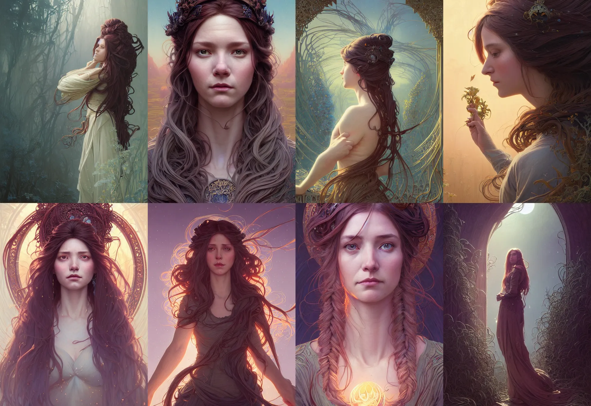 Image similar to highly detailed portrait of a woman with long hairs, stephen bliss, unreal engine, fantasy art by greg rutkowski, art nouveau, loish, rhads, ferdinand knab, makoto shinkai and lois van baarle, ilya kuvshinov, rossdraws, tom bagshaw, alphonse mucha, global illumination, radiant light, detailed and intricate environment