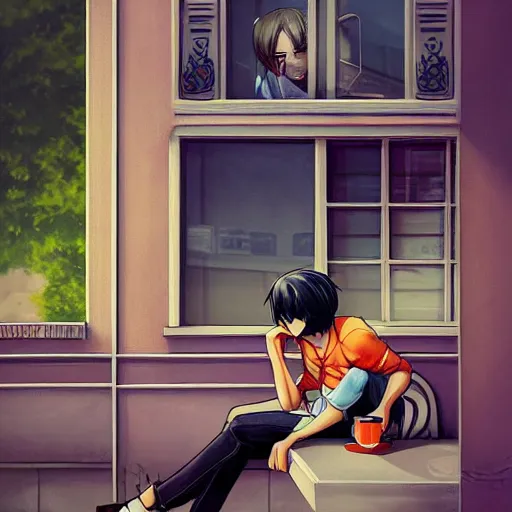 Prompt: a male teenager sitting on a cafe and looking to a window, artgerm, anime style, pixar and disney style, path traced, color painting, anatomically correct, five fingers, cinematic, high coherence, highly detailed, high quality, serene scene, colorful, symmetrical, beautiful, elegant, short black hair, vintage, complementary colors, soft colors