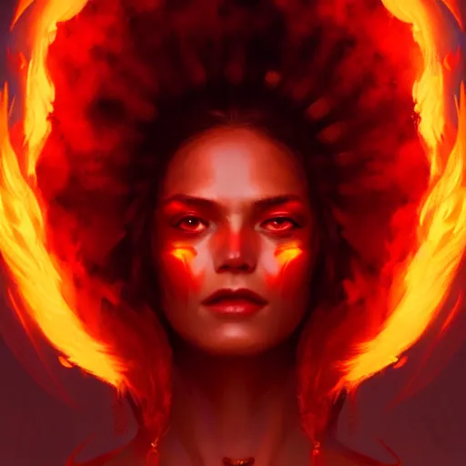 Prompt: a beautiful portrait of a fire goddess with flaming eyes by Greg Rutkowski and Raymond Swanland, Trending on Artstation, Flaming Background, ultra realistic digital art