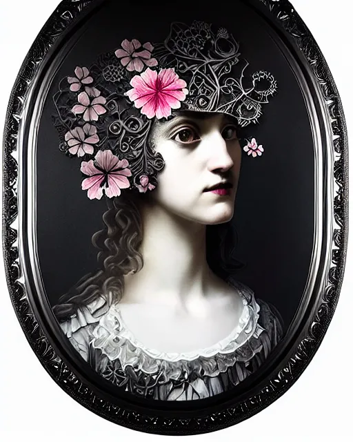 Image similar to masterpiece monochrome profile portrait painting, dutch masters, silver lace floral steampunk biomechanical beautiful one techno eye young female cyborg, big monocular, volumetric light, leaves foliage and stems, hibiscus flowers, by cecile beaton, rim light, big gothic fashion pearl embroidered collar, 8 k