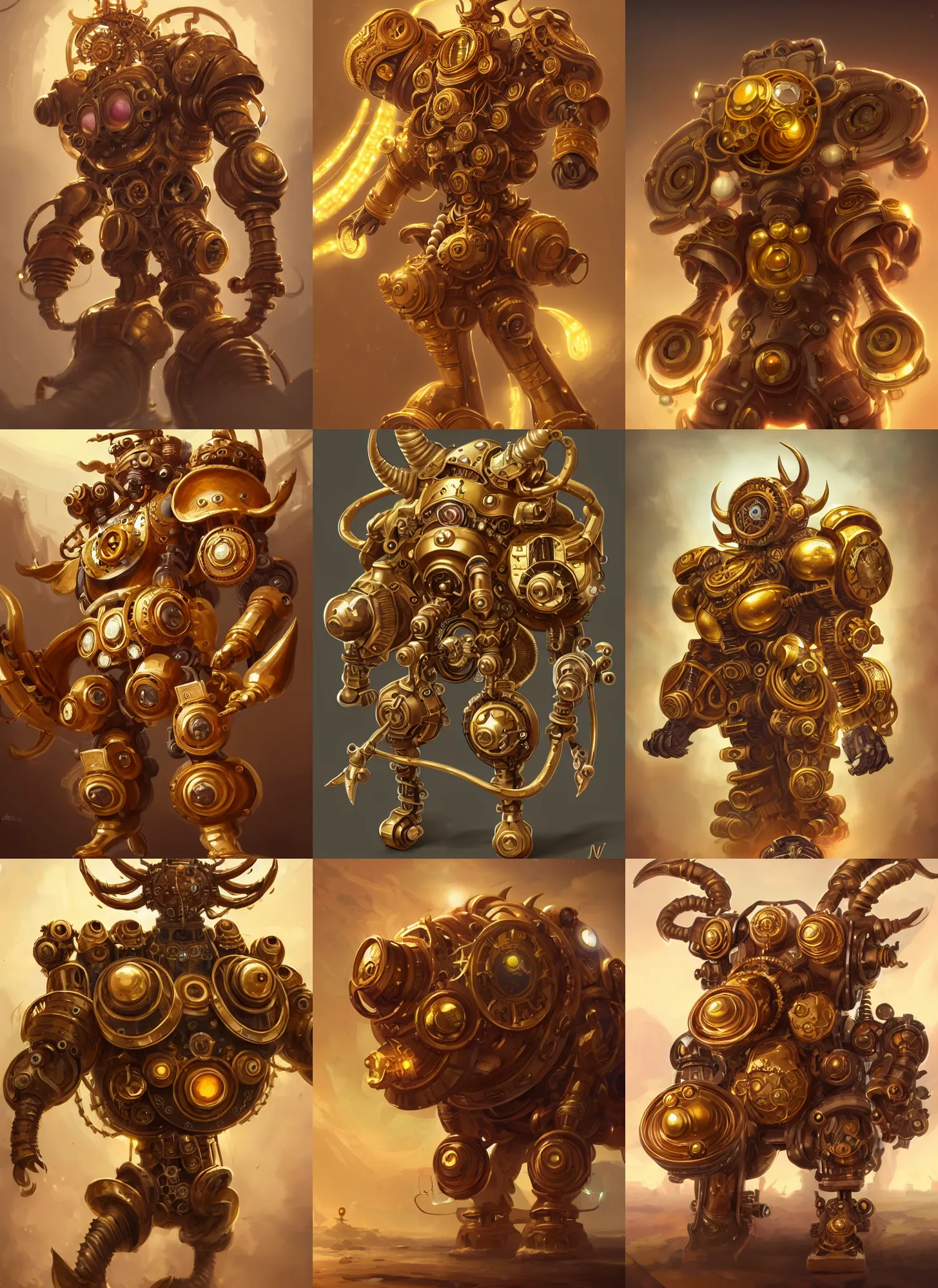 Prompt: a highly detailed illustration of gentle mighty colossal golden horned mechanica steampunk titan, with cute doting eyes, intricate, elegant, highly detailed, centered, digital painting, artstation, concept art, smooth, sharp focus, league of legends concept art, wlop.