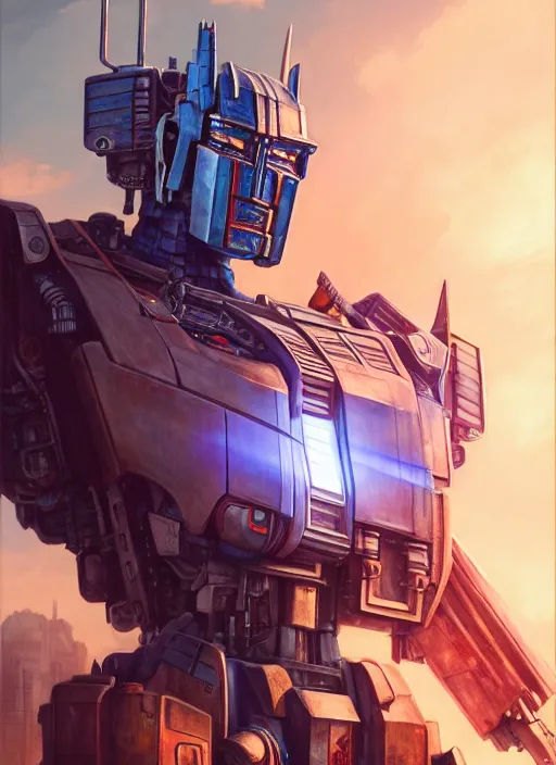 Image similar to Highly detailed full-body portrait of Optimus Prime, Stephen Bliss, unreal engine, fantasy art by Greg Rutkowski, Loish, Rhads, Makoto Shinkai and Lois van baarle, ilya kuvshinov, rossdraws, Tom Bagshaw, global illumination, radiant light, detailed and intricate environment