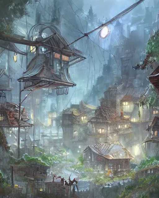 Prompt: a tiny miniscule town living on the thread of a spiders web, fantasy concept art, trending on art station, stunning visuals, creative, cinematic, ultra detailed