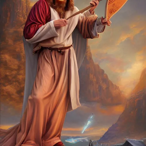 Image similar to a detailed fantasy character painting of Bill gates holding a giant cricket, dressed like Jesus Christ, by lauri blank, artgerm, evelyn de morgan, 8K, 50mm lens