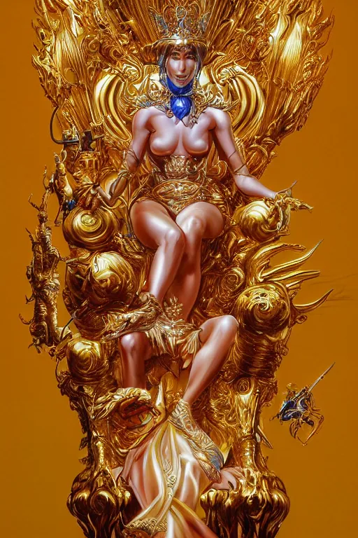 Image similar to airbrush painting of an amazing magic golden queen seated over a fantasy throne, by hajime sorayama and boris vallejo, realistic, hyperdetailed, centered, trending on artstation,