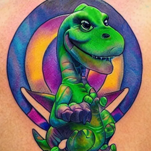 beautiful tattoo art of barney the dinosaur, Stable