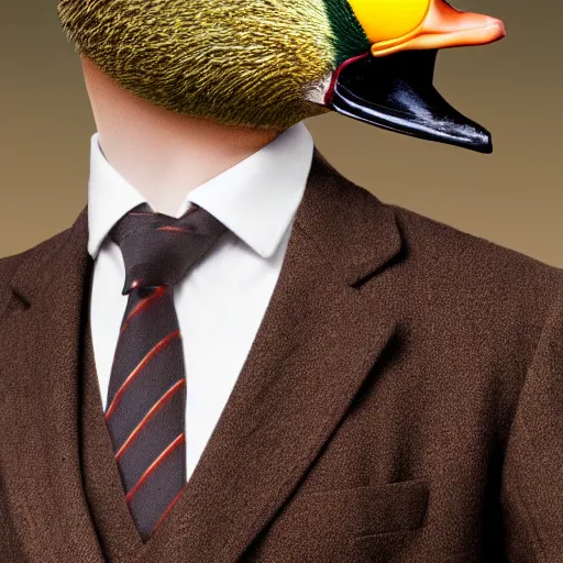 Image similar to a high detail photo of a man with a duck's head wearing a suit, antropomorphic, photorealism