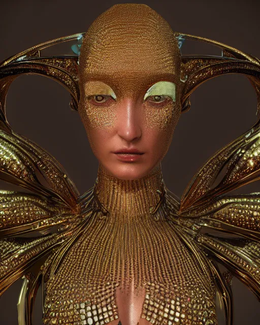 Prompt: a highly detailed metahuman 4 k close up render of an alien goddess bella hadid android in iris van herpen dress schiaparelli in diamonds crystals swarovski and jewelry iridescent in style of alphonse mucha gustav klimt trending on artstation made in unreal engine 4